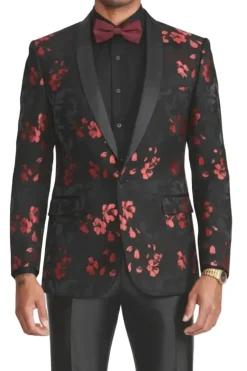 Black Slim Fit Blazer Red Floral Pattern Satin Shawl Collar