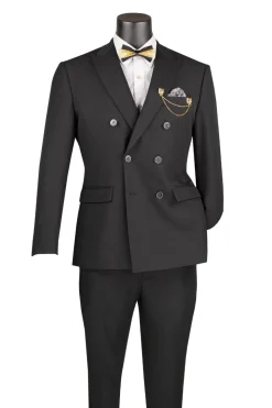 Black Slim Fit Double Breasted 2 Piece Suit with Adjustable Waistband