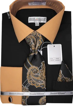 Black Tan French Cuff Dress Shirt Set with Tie and Handkerchief