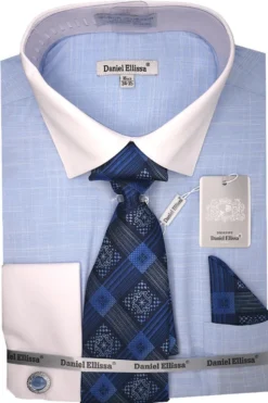 Blue Dress Shirt Set with Tie and Handkerchief