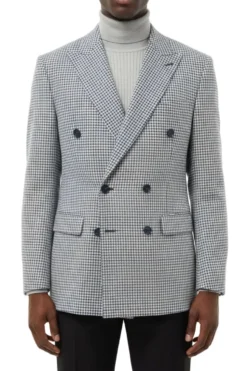 Blue Houndstooth Hybrid Fit Double Breasted Jacket