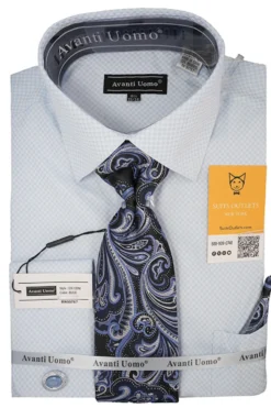 Blue Mini-Check French Cuff Dress Shirt Set with Tie, Cuff Links and Pocket Square