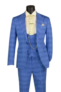 Blue Slim Fit 3 Piece 1 Button Windowpane Suit