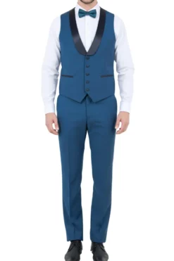 Blue Slim Fit Tuxedo 3 Piece with Satin Shawl Collar Vest