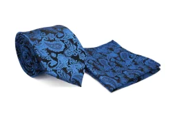 Blue Black Paisley Pattern Men's Tie and Pocket Square Set