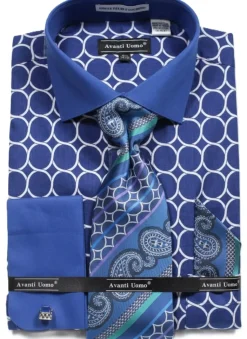 Blue Circle Print French Cuff Dress Shirt Set