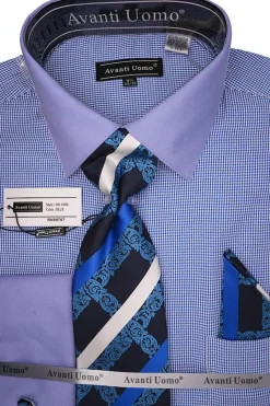 Blue French Cuff Mini-Houndstooth Dress Shirt Set with Tie and Handkerchief