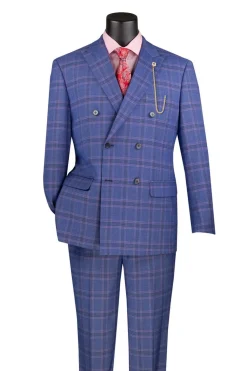 Blue Modern Fit Double Breasted Glen Plaid Peak Lapel 2 Piece Suit