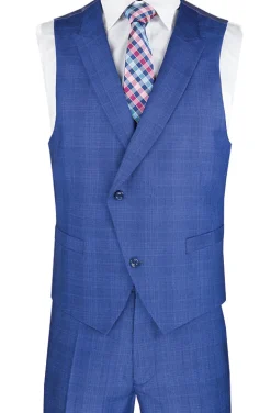 Blue Modern Fit Glen Plaid 2 Button Peak Lapel 3 Piece Suit