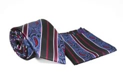 Blue Paisley Multi Color Stripe Pattern Tie and Pocket Square Set