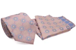 Blue Pink Floral Pattern Tie and Pocket Square Set