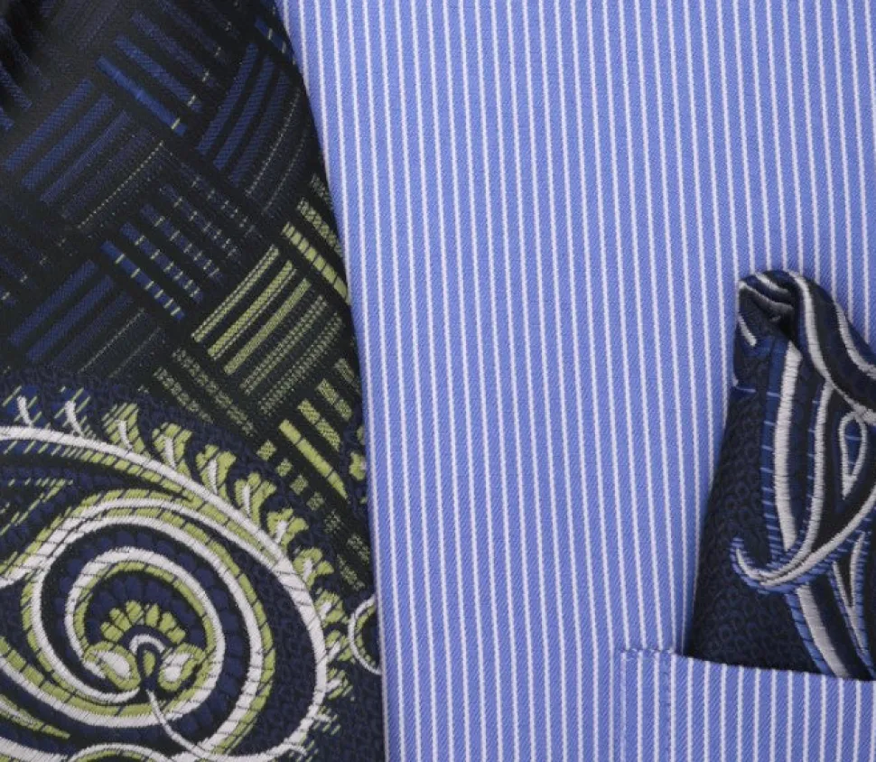 Blue Pin Striped Dress Shirt Set with Tie and Handkerchief
