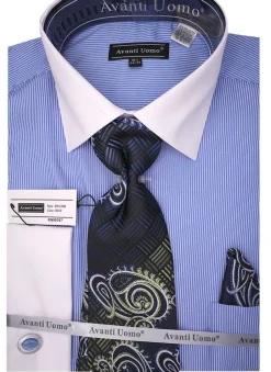 Blue Pin Striped Dress Shirt Set with Tie and Handkerchief