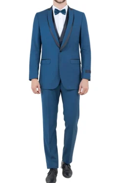 Blue Slim Fit Tuxedo 3 Piece with Satin Shawl Collar Vest