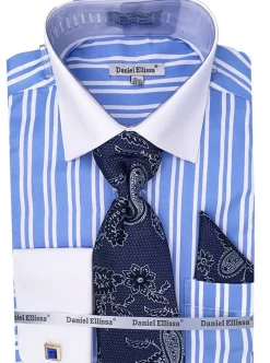 Blue Striped French Cuff Dress Shirt Set with Tie and Pocket Square