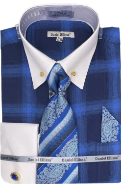 Blue Tone on Tone Check Printed French Cuff Dress Shirt Set with Tie and Pocket Square