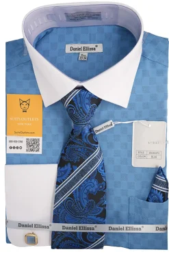 Blue White French Cuff Dress Shirt Set with Tie, Cuff Links and Pocket Square