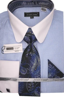 Blue Windowpane Dress Shirt Set with Tie and Handkerchief