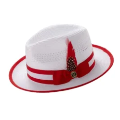 Braided Fedora Hat with Ribbon Band - White/Red