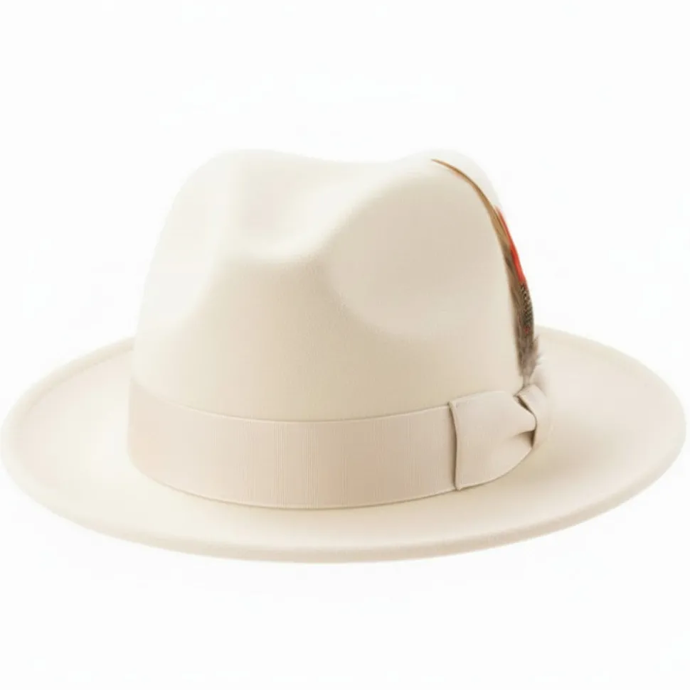 Brooklyn Collection - Wool Felt Crushable Fedora with Feather Accent in Off White