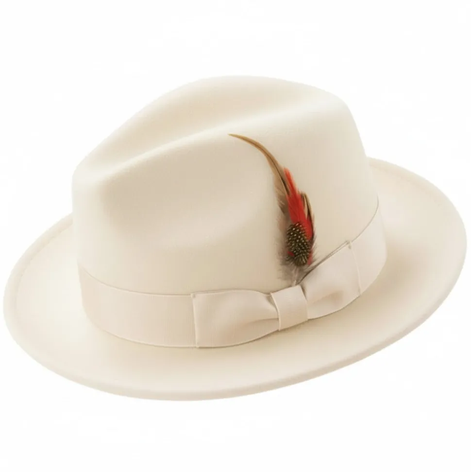 Brooklyn Collection - Wool Felt Crushable Fedora with Feather Accent in Off White