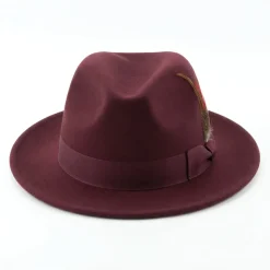 Brooklyn Collection - Wool Felt Crushable Fedora with Feather Accent in Burgundy