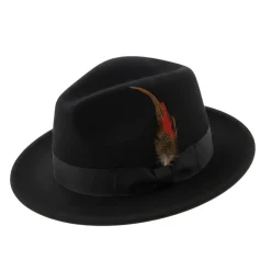Brooklyn Collection - Wool Felt Crushable Fedora with Feather Accent in Black