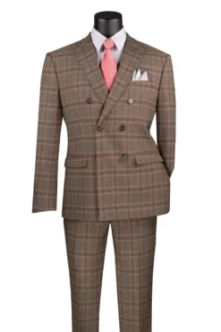 Brown Modern Fit Double Breasted Glen Plaid Peak Lapel 2 Piece Suit