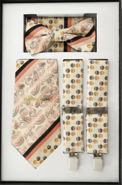 Brown Polka Dot Men's Accessory Box Bow Tie, Necktie, Pocket Square, Suspender 4 Piece Set