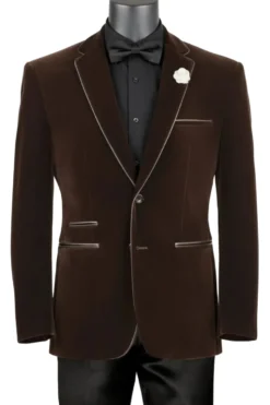 Brown Slim Fit Velvet Sport Coat Single Breasted 2 buttons