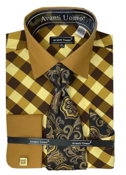 Brown Check Dress Shirt Set with French Cuff