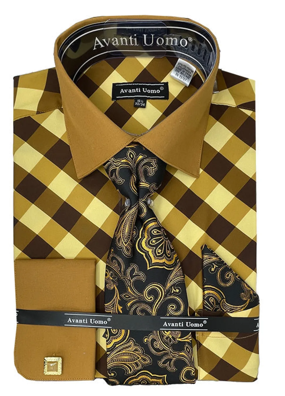 Brown Check Dress Shirt Set with French Cuff