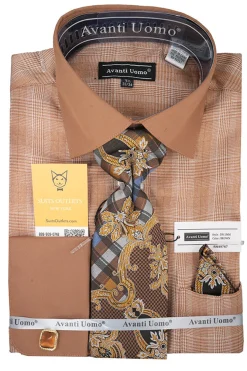 Brown Plaid French Cuff Dress Shirt Set with Cuff Links, Tie and Pocket Square