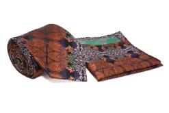 Brown Purple Floral Pattern Tie and Pocket Square Set