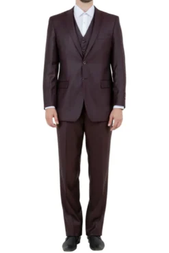 Burgundy 3 Piece Modern Fit Suit 2 Button V-Neck Vest