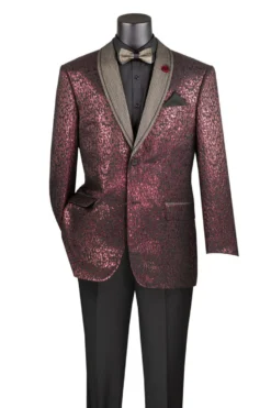 Burgundy Regular Fit Jacket with Dots Lapel and Matching Bow Tie