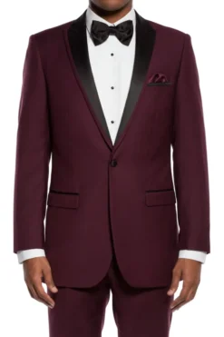 Burgundy Slim Fit 2 Piece Tuxedo With Satin Peak Lapel