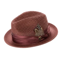 Burgundy Solid Color Pinch Braided Fedora With Matching Satin Ribbon