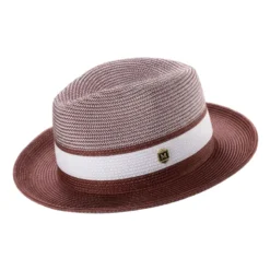 Burgundy Two-Tone Braided Pinch Fedora With White Ribbon
