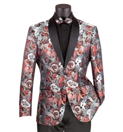 Burgundy Modern Fit Paisley Pattern Jacquard Fabric Jacket with Bow Tie