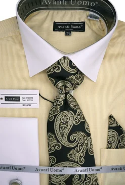 Butter Pin Striped Dress Shirt Set with Tie and Handkerchief