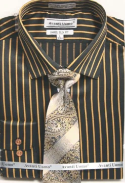 Button Cuff Slim Fit Stripe Shirt in Black/Mustard and Tie Set