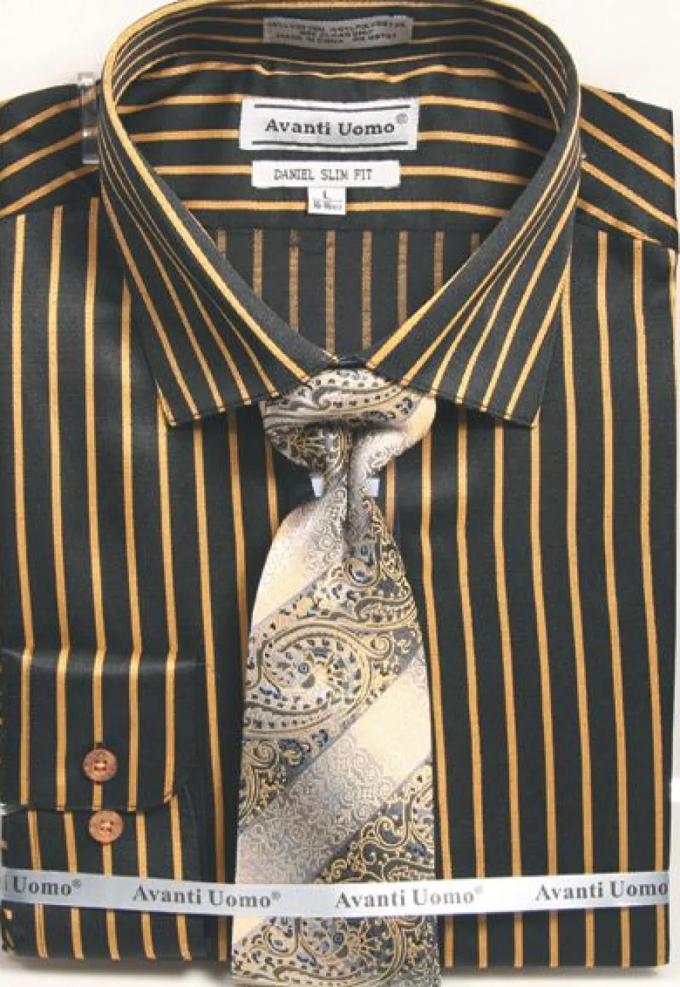 Button Cuff Slim Fit Stripe Shirt in Black/Mustard and Tie Set