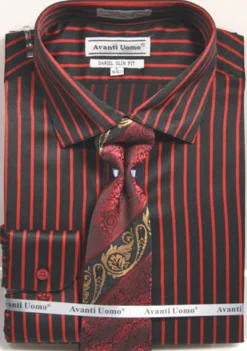 Button Cuff Slim Fit Stripe Shirt in Black/Red and Tie Set