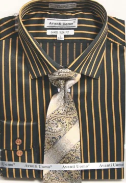 Button Cuff Slim Fit Stripe Shirt in Black/Mustard and Tie Set