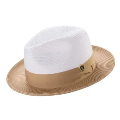 Camel Two-Tone Wide Brim Matching Grosgrain Ribbon Braided Straw Fedora