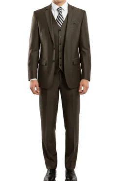 Charcoal Brown 3 Piece Modern Fit Suit 2 Button V-Neck Vest