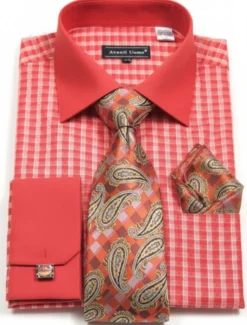 Check Pattern French Cuff Dress Shirt Set - Coral