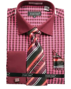 Check Pattern French Cuff Dress Shirt Set - Fuchsia