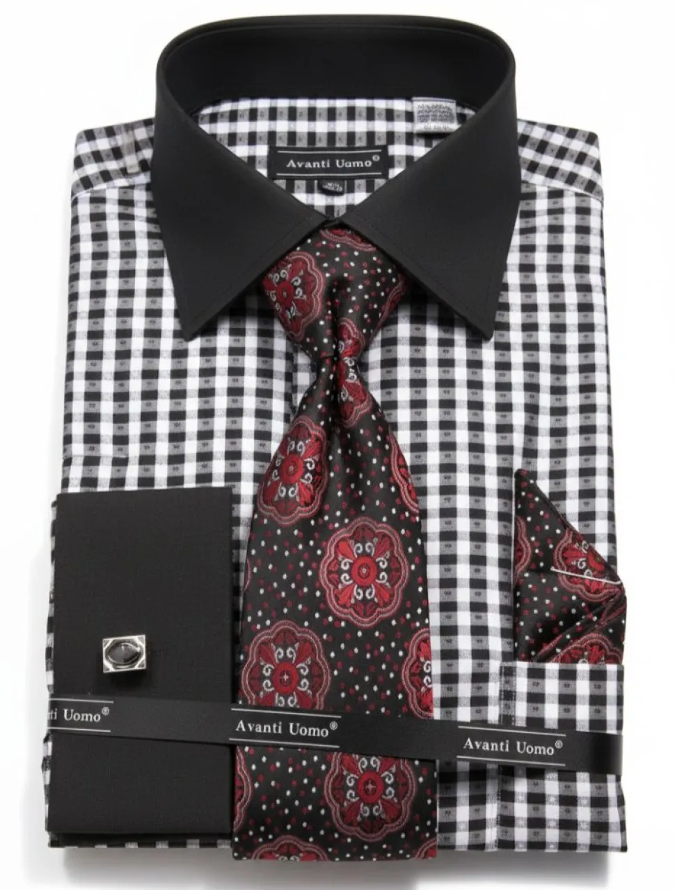 Check Pattern French Cuff Dress Shirt Set - Black